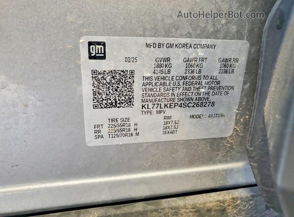 KL77LKEP4SC268278 2025 CHEVROLET TRAX Silver Vista de la etiqueta del VIN