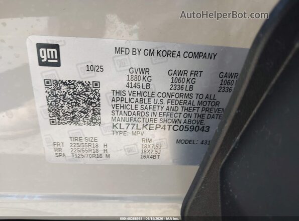 KL77LKEP4TC059043 2026 CHEVROLET TRAX Tan ძრავის განყოფილების ხედი