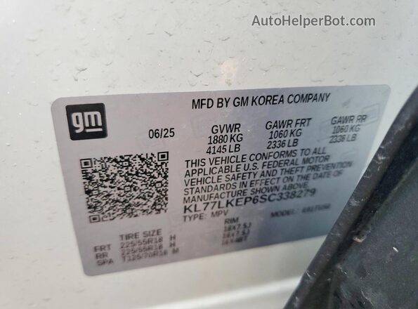 KL77LKEP6SC338279 2025 CHEVROLET TRAX White VIN կոդի պիտակի տեսք