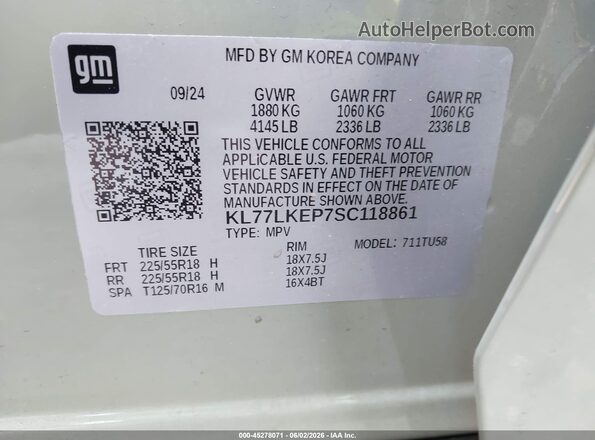 KL77LKEP7SC118861 2025 CHEVROLET TRAX Green Vista del compartimento del motor