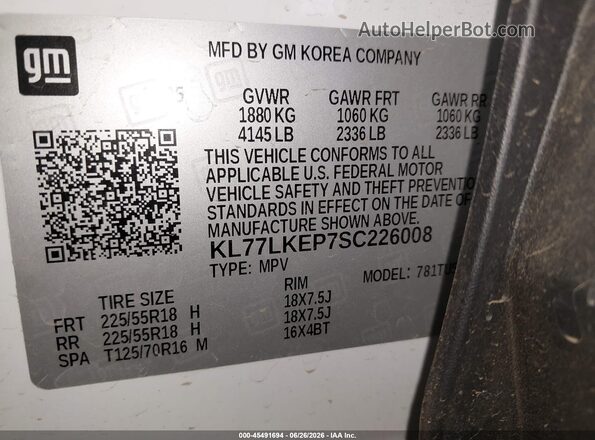 KL77LKEP7SC226008 2025 CHEVROLET TRAX White Engine compartment view