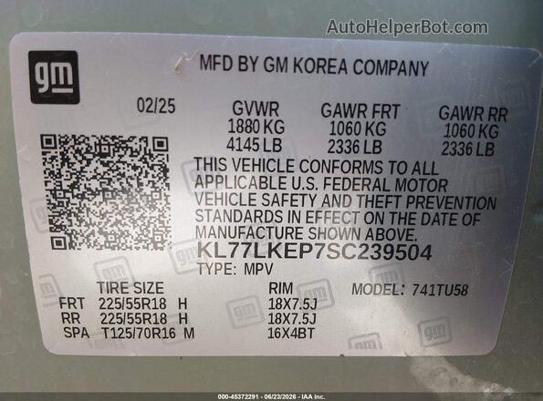 KL77LKEP7SC239504 2025 CHEVROLET TRAX Green Vista del compartimento del motor