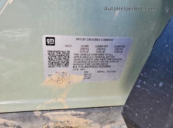 KL77LKEP8SC020986 2025 CHEVROLET TRAX Turquoise VIN კოდის სტიკერის ხედი