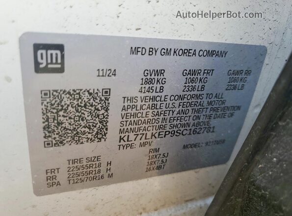 KL77LKEP9SC162781 2025 CHEVROLET TRAX Белый Вид наклейки с VIN-кодом