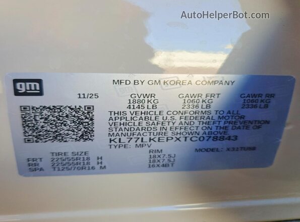 KL77LKEPXTC078843 2026 CHEVROLET TRAX White VIN sticker view