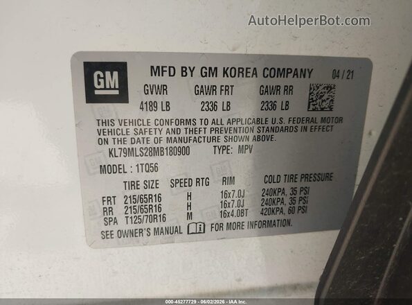 KL79MLS28MB180900 2021 CHEVROLET TRAILBLAZER White ძრავის განყოფილების ხედი