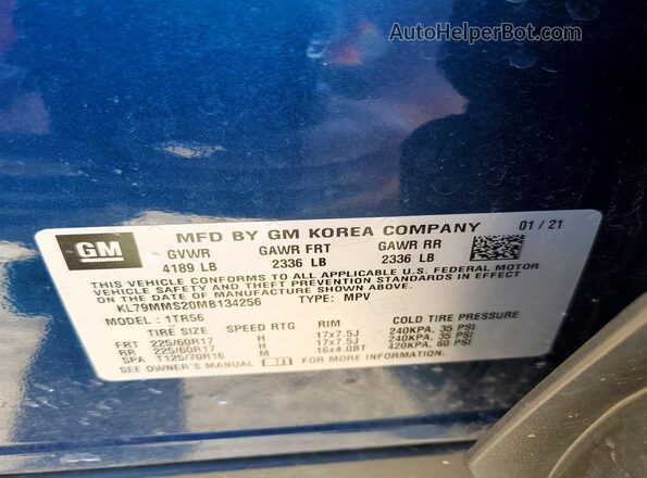 KL79MMS20MB134256 2021 CHEVROLET TRAILBLAZER Blue 