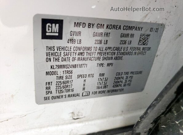 KL79MMS24NB110771 2022 CHEVROLET TRAILBLAZER White VIN კოდის სტიკერის ხედი