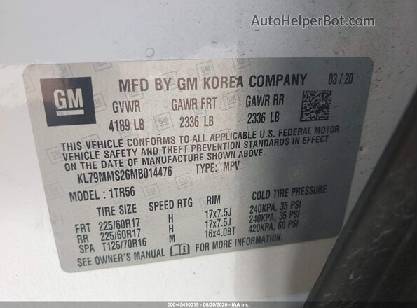 KL79MMS26MB014476 2021 CHEVROLET TRAILBLAZER White Շարժիչի բաժամունքի տեսք