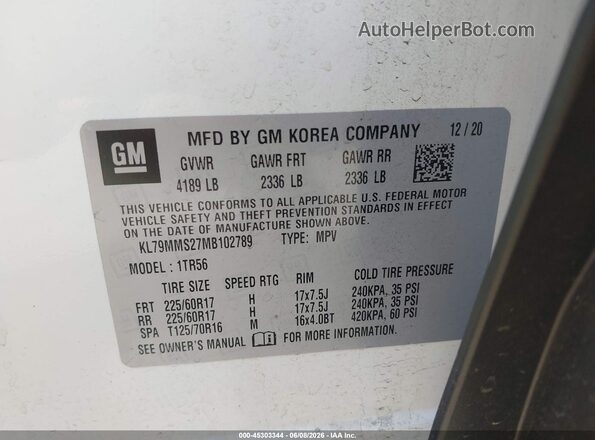 KL79MMS27MB102789 2021 CHEVROLET TRAILBLAZER White Widok komory silnika