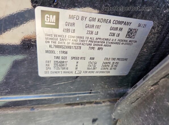 KL79MMS2XMB175378 2021 CHEVROLET TRAILBLAZER Black 