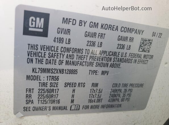 KL79MMS2XNB128885 2022 CHEVROLET TRAILBLAZER White VIN կոդի պիտակի տեսք