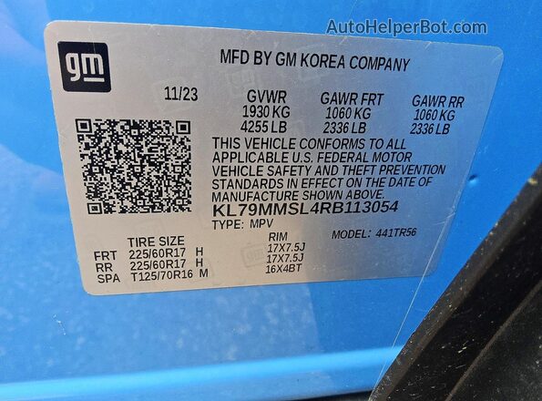 KL79MMSL4RB113054 2024 CHEVROLET TRAILBLAZER Blue VIN sticker view