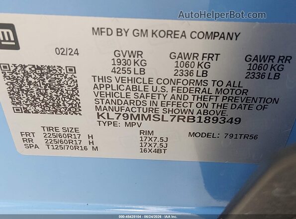KL79MMSL7RB189349 2024 CHEVROLET TRAILBLAZER Blue Engine compartment view