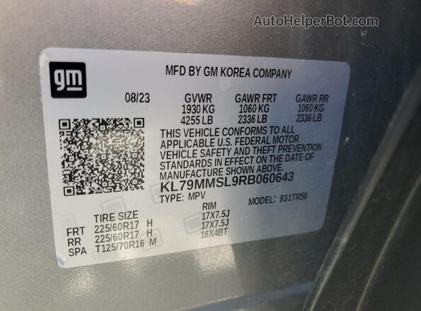 KL79MMSL9RB060643 2024 CHEVROLET TRAILBLAZER Silver VIN sticker view