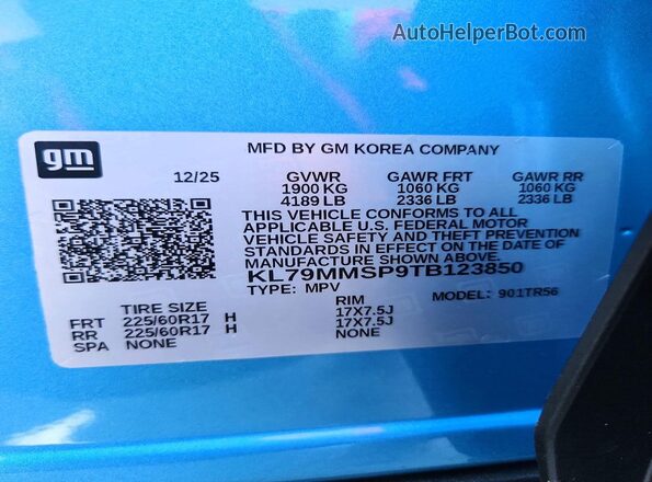 KL79MMSP9TB123850 2026 CHEVROLET TRAILBLAZER Blue VIN sticker view