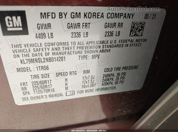 KL79MNSL2NB014281 2022 CHEVROLET TRAILBLAZER Maroon Widok komory silnika