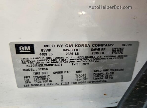 KL79MNSLXMB016391 2021 CHEVROLET TRAILBLAZER White VIN sticker view