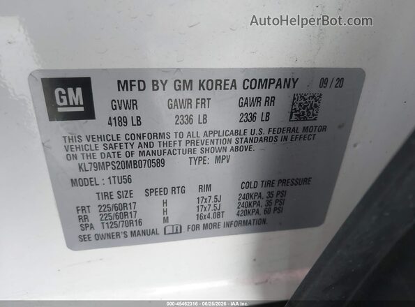 KL79MPS20MB070589 2021 CHEVROLET TRAILBLAZER White ძრავის განყოფილების ხედი