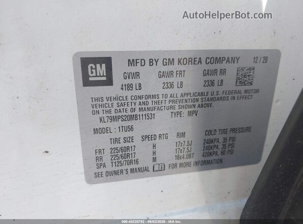 KL79MPS20MB111531 2021 CHEVROLET TRAILBLAZER White Widok komory silnika