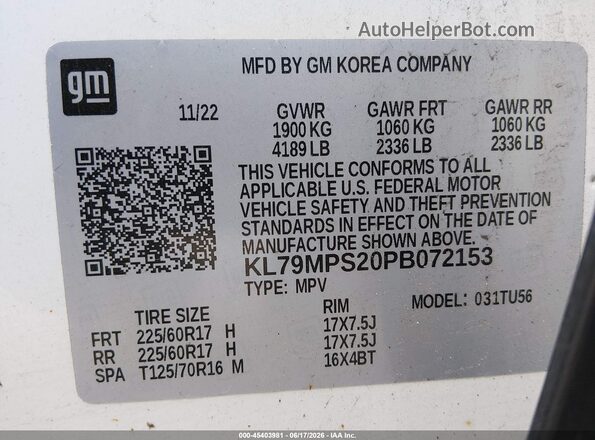 KL79MPS20PB072153 2023 CHEVROLET TRAILBLAZER White 