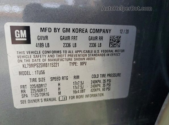 KL79MPS25MB115221 2021 CHEVROLET TRAILBLAZER Gray Панорамний вид салону 360°