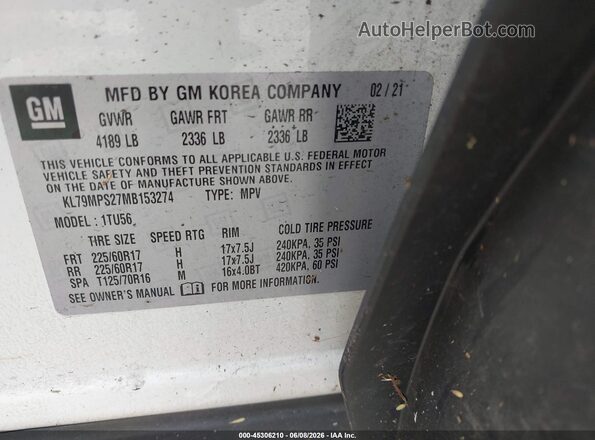 KL79MPS27MB153274 2021 CHEVROLET TRAILBLAZER White Engine compartment view