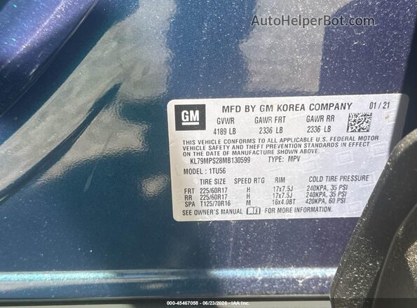 KL79MPS28MB130599 2021 CHEVROLET TRAILBLAZER Blue Engine compartment view