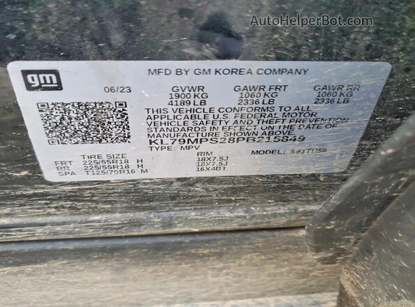 KL79MPS28PB215849 2023 CHEVROLET TRAILBLAZER Black VIN კოდის სტიკერის ხედი