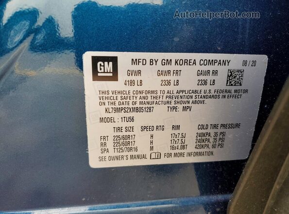 KL79MPS2XMB051287 2021 CHEVROLET TRAILBLAZER Blue სალონის 360-გრადუსიანი ხედი