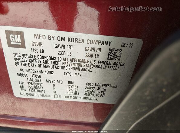KL79MPS2XNB146062 2022 CHEVROLET TRAILBLAZER Бордовый Вид подкапотного пространства