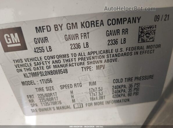 KL79MPSL0NB069548 2022 CHEVROLET TRAILBLAZER White ძრავის განყოფილების ხედი