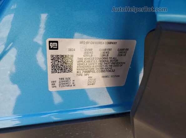 KL79MPSL0SB070632 2025 CHEVROLET TRAILBLAZER Blue VIN კოდის სტიკერის ხედი