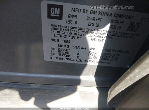 KL79MPSL1NB051107 2022 CHEVROLET TRAILBLAZER Gray Widok komory silnika