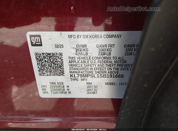 KL79MPSL1SB191668 2025 CHEVROLET TRAILBLAZER Maroon Շարժիչի բաժամունքի տեսք