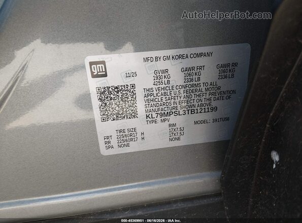 KL79MPSL3TB121199 2026 CHEVROLET TRAILBLAZER Gray 