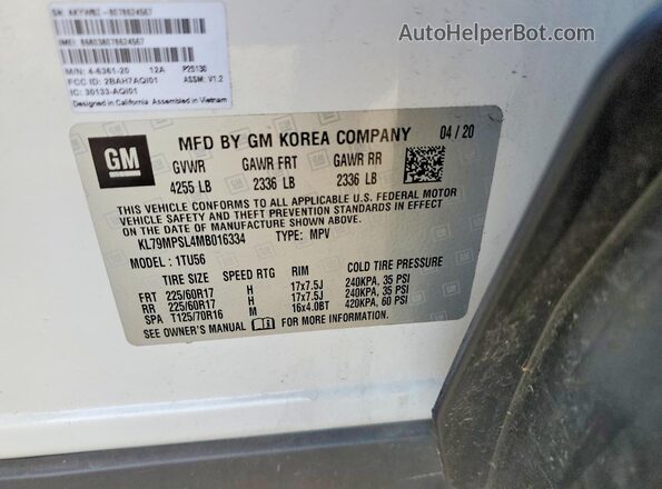 KL79MPSL4MB016334 2021 CHEVROLET TRAILBLAZER White ძრავის განყოფილების ხედი