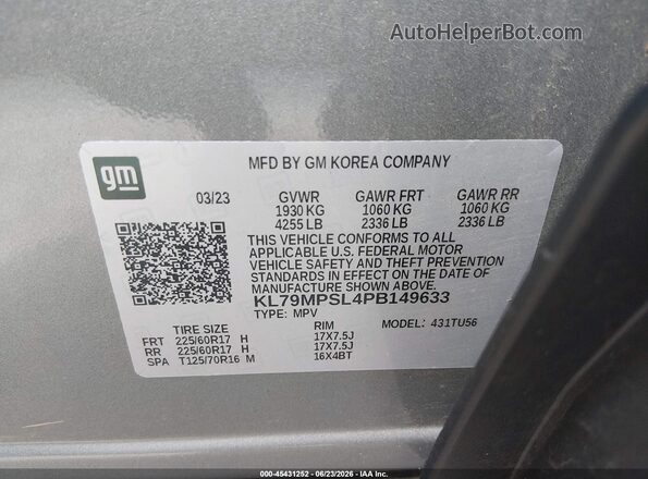 KL79MPSL4PB149633 2023 CHEVROLET TRAILBLAZER Gray Engine compartment view