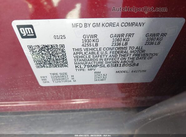 KL79MPSL6SB180584 2025 CHEVROLET TRAILBLAZER Burgundy ძრავის განყოფილების ხედი
