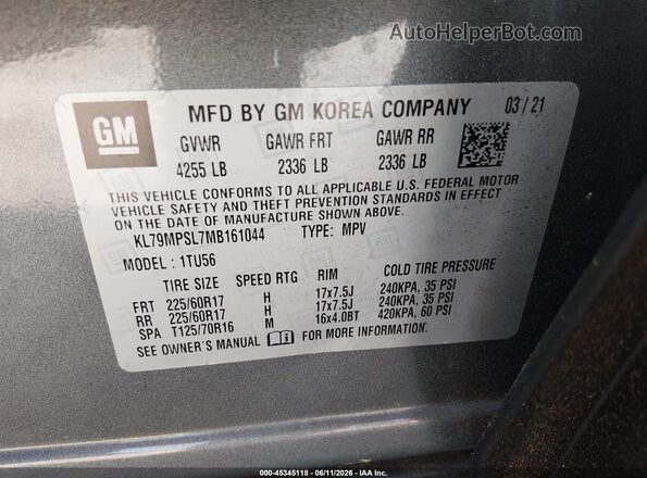 KL79MPSL7MB161044 2021 CHEVROLET TRAILBLAZER Gray Вид підкапотного простору
