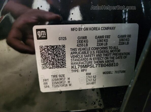 KL79MPSL7TB048810 2026 CHEVROLET TRAILBLAZER Black VIN კოდის სტიკერის ხედი