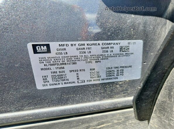 KL79MPSL8MB147380 2021 CHEVROLET TRAILBLAZER Silver VIN sticker view