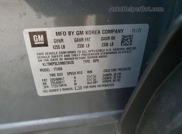 KL79MPSLXNB078435 2022 CHEVROLET TRAILBLAZER Серый Вид наклейки с VIN-кодом