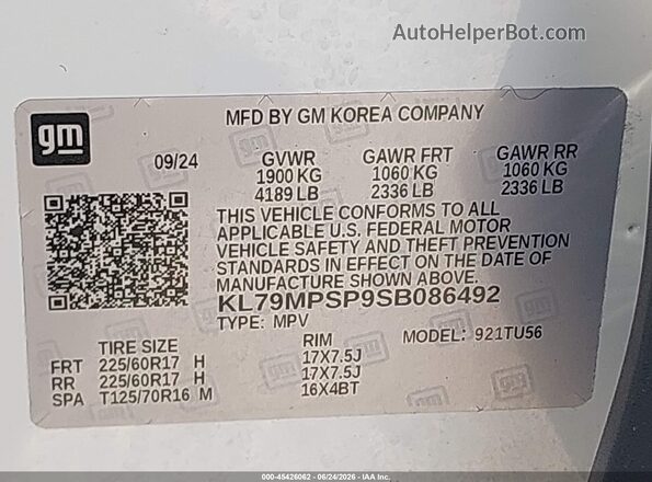 KL79MPSP9SB086492 2025 CHEVROLET TRAILBLAZER White Engine compartment view