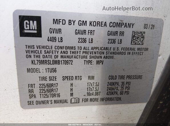 KL79MRSL0MB170972 2021 CHEVROLET TRAILBLAZER White ძრავის განყოფილების ხედი