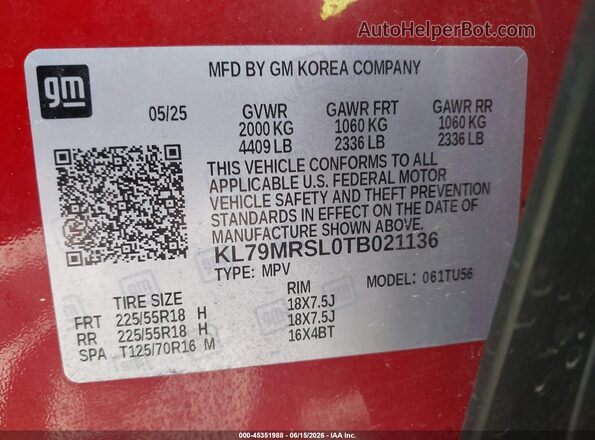 KL79MRSL0TB021136 2026 CHEVROLET TRAILBLAZER Red Вид підкапотного простору