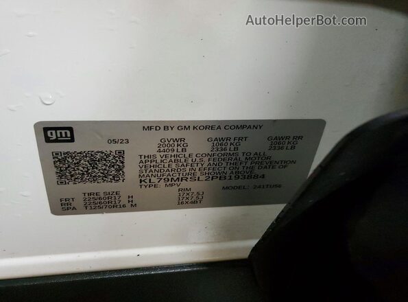 KL79MRSL2PB193884 2023 CHEVROLET TRAILBLAZER White VIN կոդի պիտակի տեսք