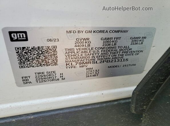 KL79MRSL2PB213115 2023 CHEVROLET TRAILBLAZER White VIN կոդի պիտակի տեսք