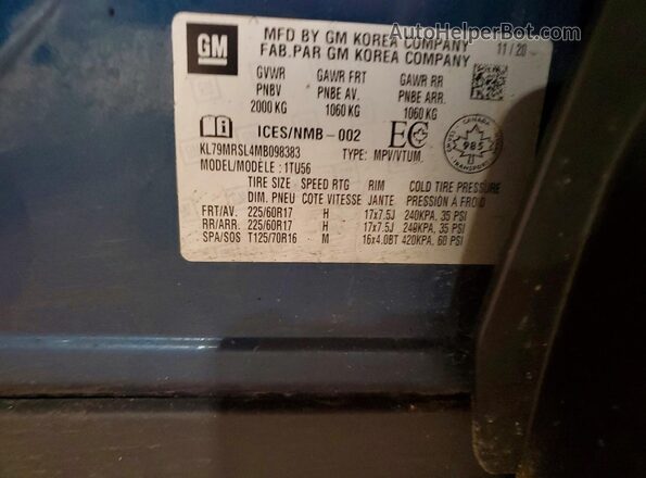 KL79MRSL4MB098383 2021 CHEVROLET TRAILBLAZER Blue 360 interior view