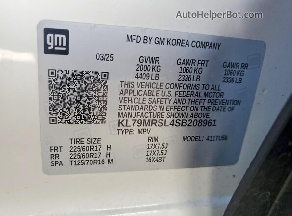 KL79MRSL4SB208961 2025 CHEVROLET TRAILBLAZER White 